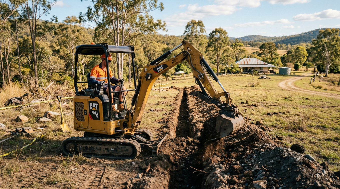 CAT mini excavator trenching on rural property